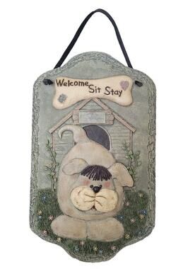 Vtg TCR Welcome Sit Stay Dog Flower Plaque Sign Wall Hanging Slate